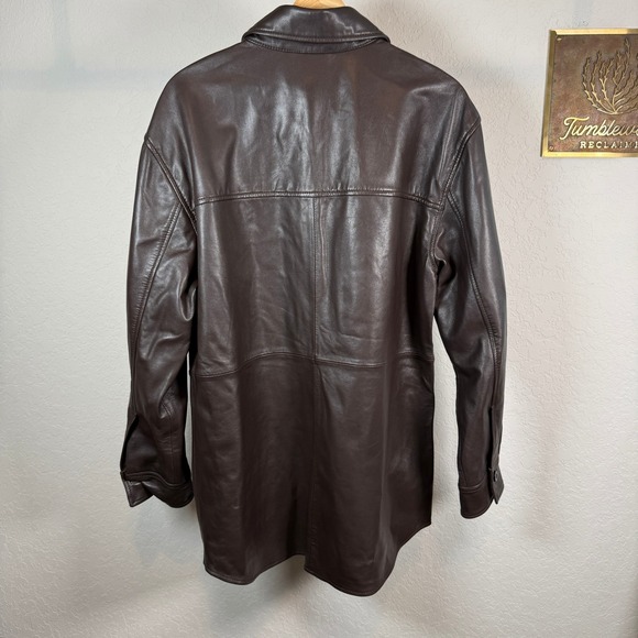 Quince Brown Leather Button Up Shirt Jacket Women's Large Oversized - Picture 6 of 9